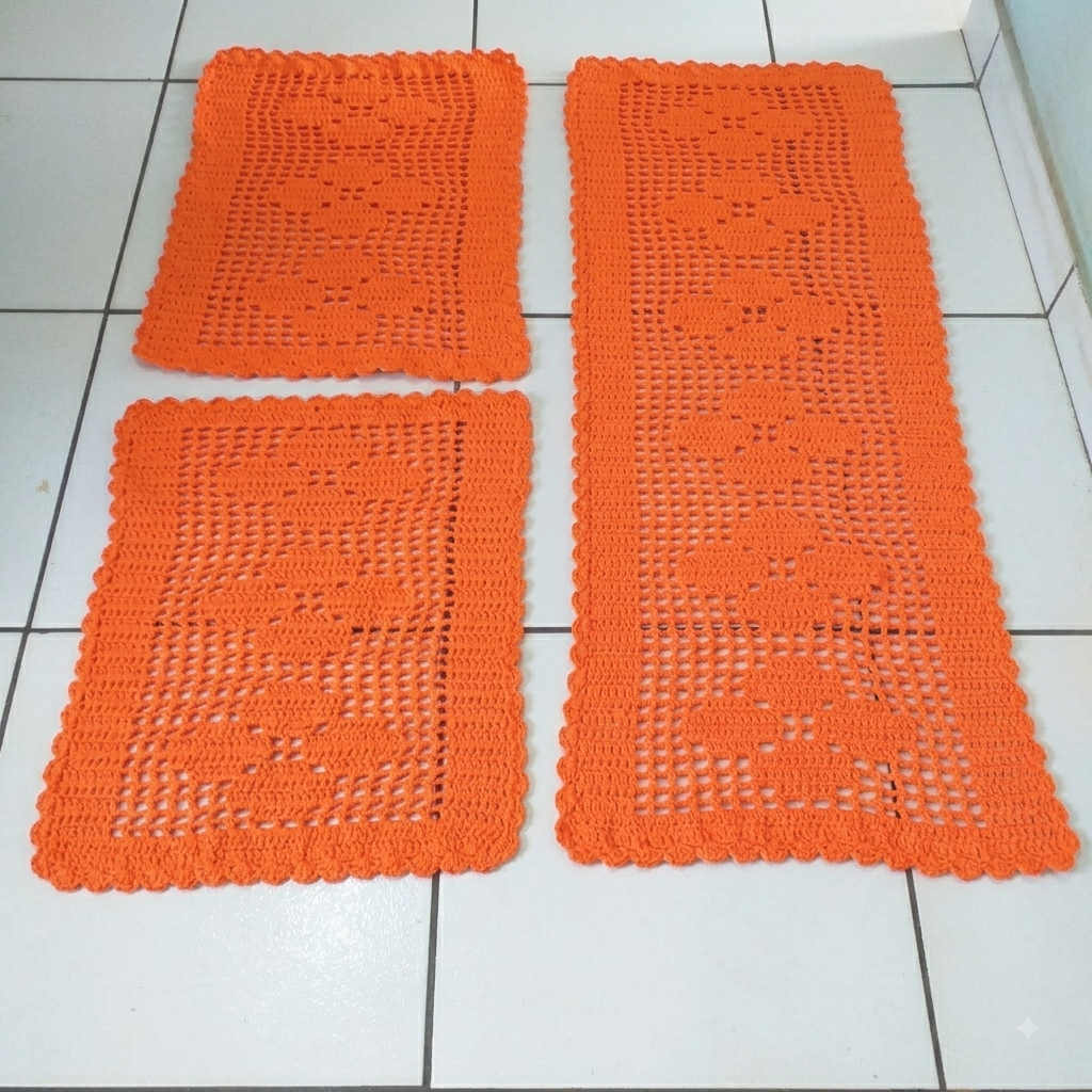 Jogo de Tapete de Crochê + Passadeira Rosas Laranja